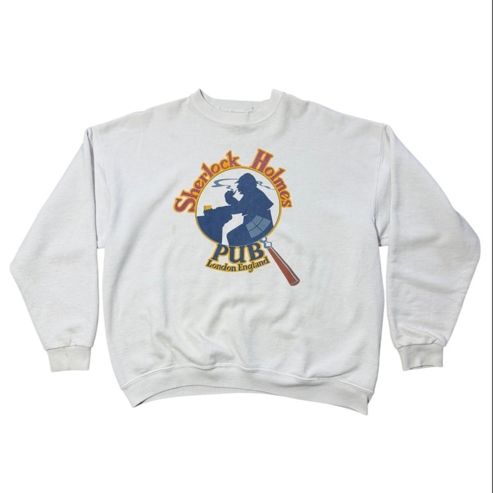 Vintage 90s Sherlock Holmes Pub Bar London England Art Graphic Crewneck Sweater